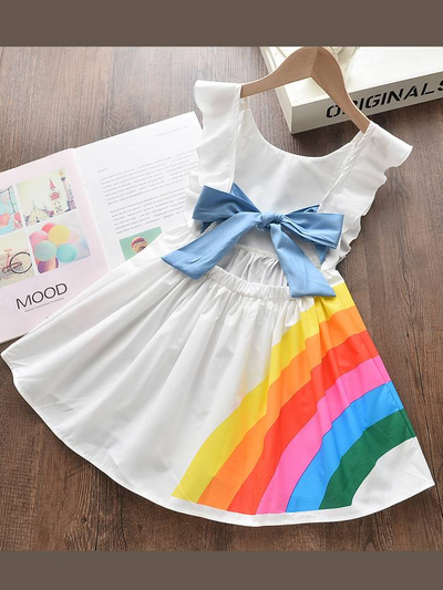 Toddler Spring Outfits | Girls Rainbow Flutter Sleeve Apron Dress
