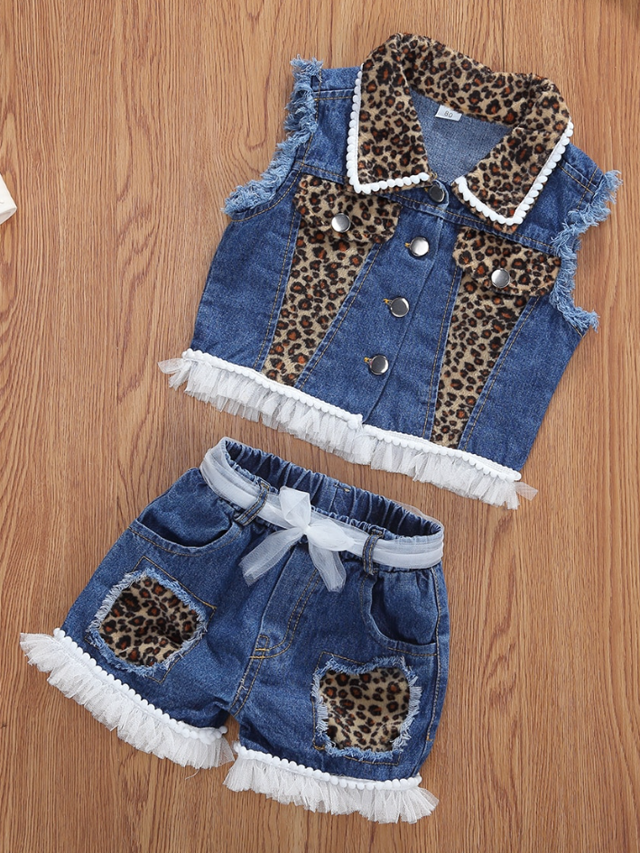 Toddler Spring Outfits | Girls Leopard Print Denim Vest & Shorts Set