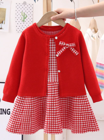 Preppy Chic Clothes | Plaid Dress & Cardigan Set | Mia Belle Girls