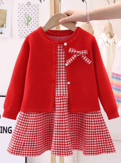 Preppy Chic Clothes | Plaid Dress & Cardigan Set | Mia Belle Girls