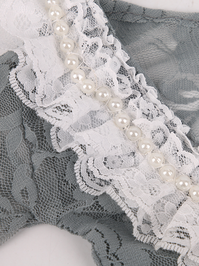 Baby  lace onesie has an open back with white lace ruffles grey