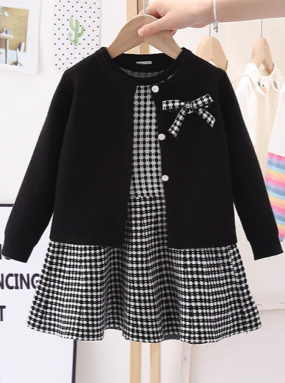 Preppy Chic Clothes | Plaid Dress & Cardigan Set | Mia Belle Girls