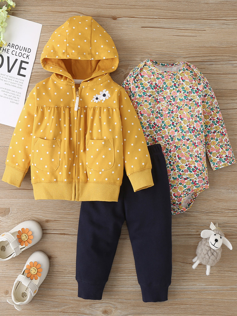 Baby Polka Dots and Petals Onesie, Hooded Sweater, and Leggings Set