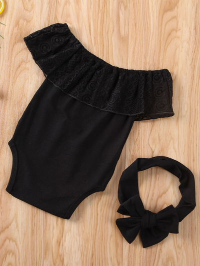 Baby Black stretchy bib with large lace bib, snap closure bottom