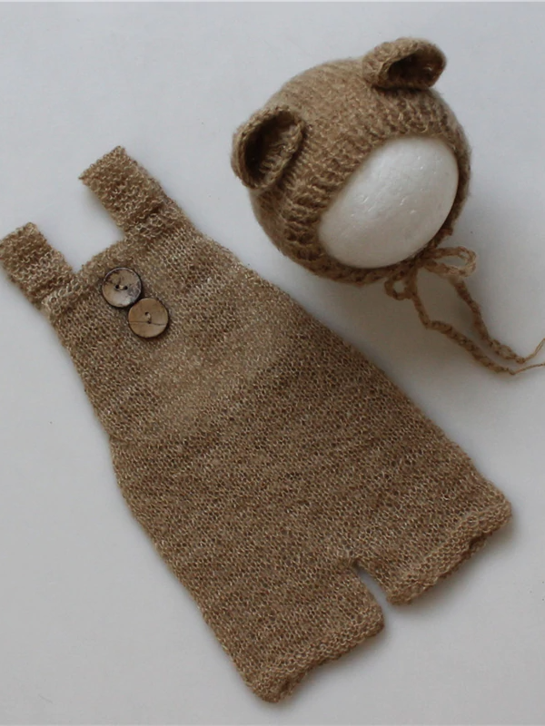 Babies Knitted onesie with cap with ears-brown