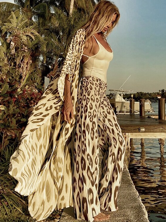 Women's Leopard Kimono Maxi Cover Up - Creme