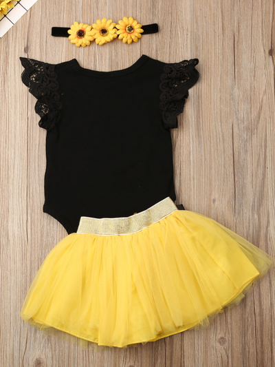 Baby set has a onesie with ruffled lace sleeves and "One" printed, a tutu skirt with sunflower sash, and a matching sunflower headband