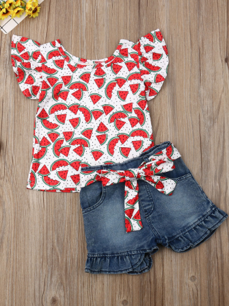 Girls Spring Outfits | Ruffle Graphic Top & Belted Denim Shorts Set