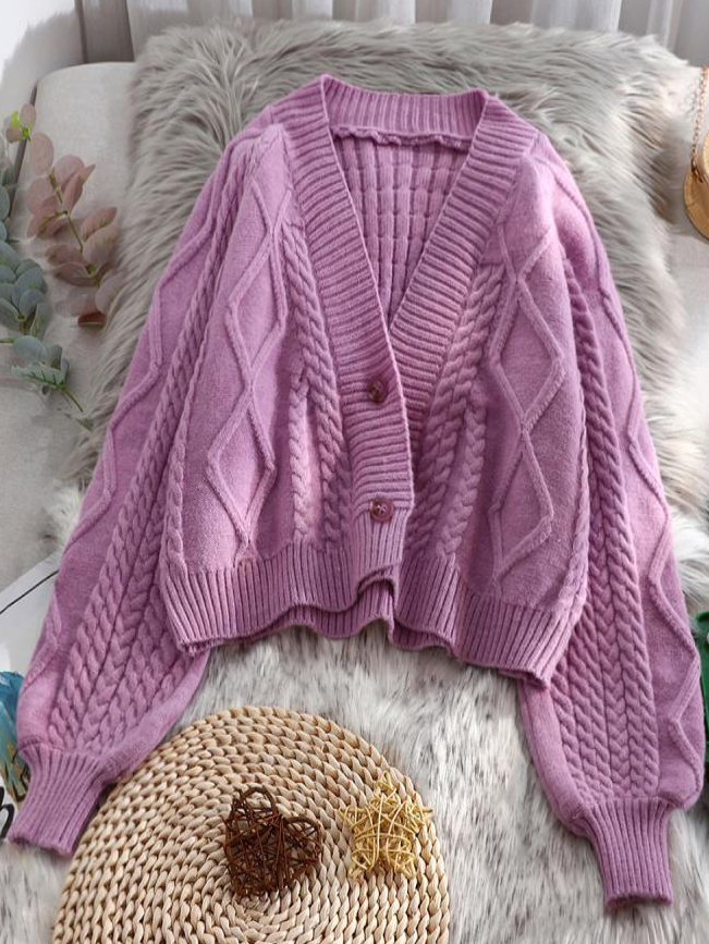 Women's Lovely Lantern Long Sleeve Button-Down Cardigan Purple