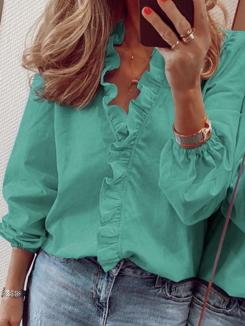 Women's V-Neck Cascading Ruffle Long Sleeve Top Green