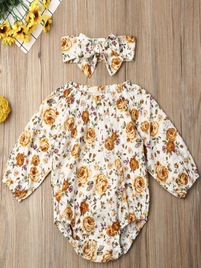 Baby Boho Chic Golden Rose Long Sleeve Onesie With Matching Headband