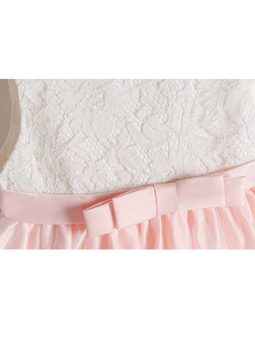 Baby Spring dress has a short-sleeved lace bodice and a skirt with lace hem and a big bow on the back, comes with a matching headband