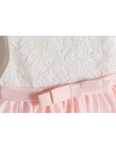 Baby Spring dress has a short-sleeved lace bodice and a skirt with lace hem and a big bow on the back, comes with a matching headband