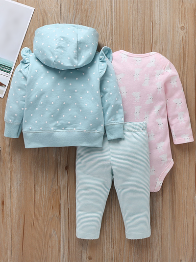 Baby Bunny Frolic Fun Long Sleeve Onesie, Hooded Jacket, And Legging Set