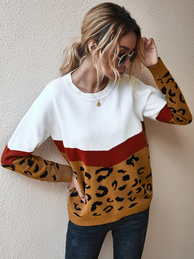 Women's Boho Chic Geometric Leopard Print Pullover Sweater Brown