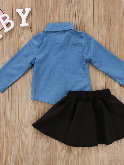 Girls Spring Outfits | Chambray Blouse & Black Pleated Skirt Set