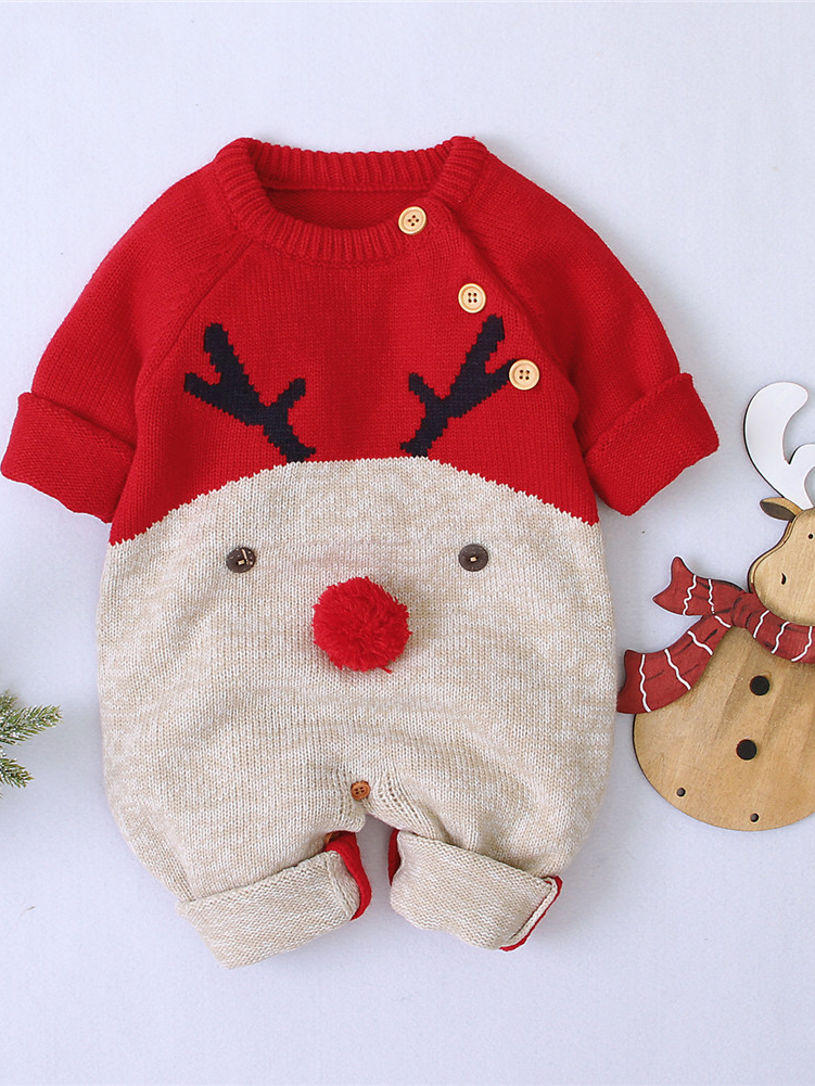 Baby Red-Nosed Rudolph Long-Sleeved Knit Onesie - Mia Belle Girls