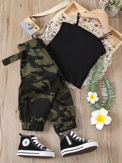 Girls Spring Outfits | Toddler Black Tank Top & Camo Cargo Pants Set