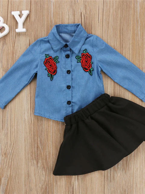 Girls Spring Outfits | Chambray Blouse & Black Pleated Skirt Set