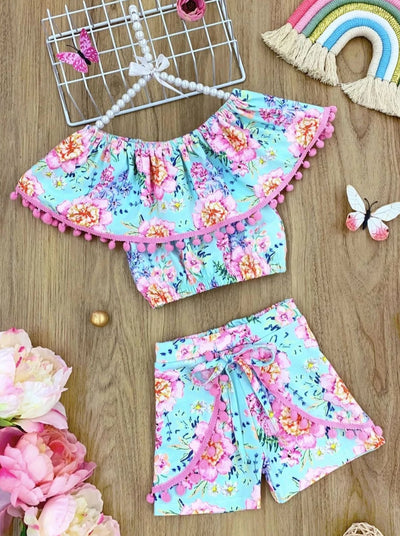 Toddler Spring Outfits | Girl Pom Pom Ruffle Top & Overlay Shorts Set