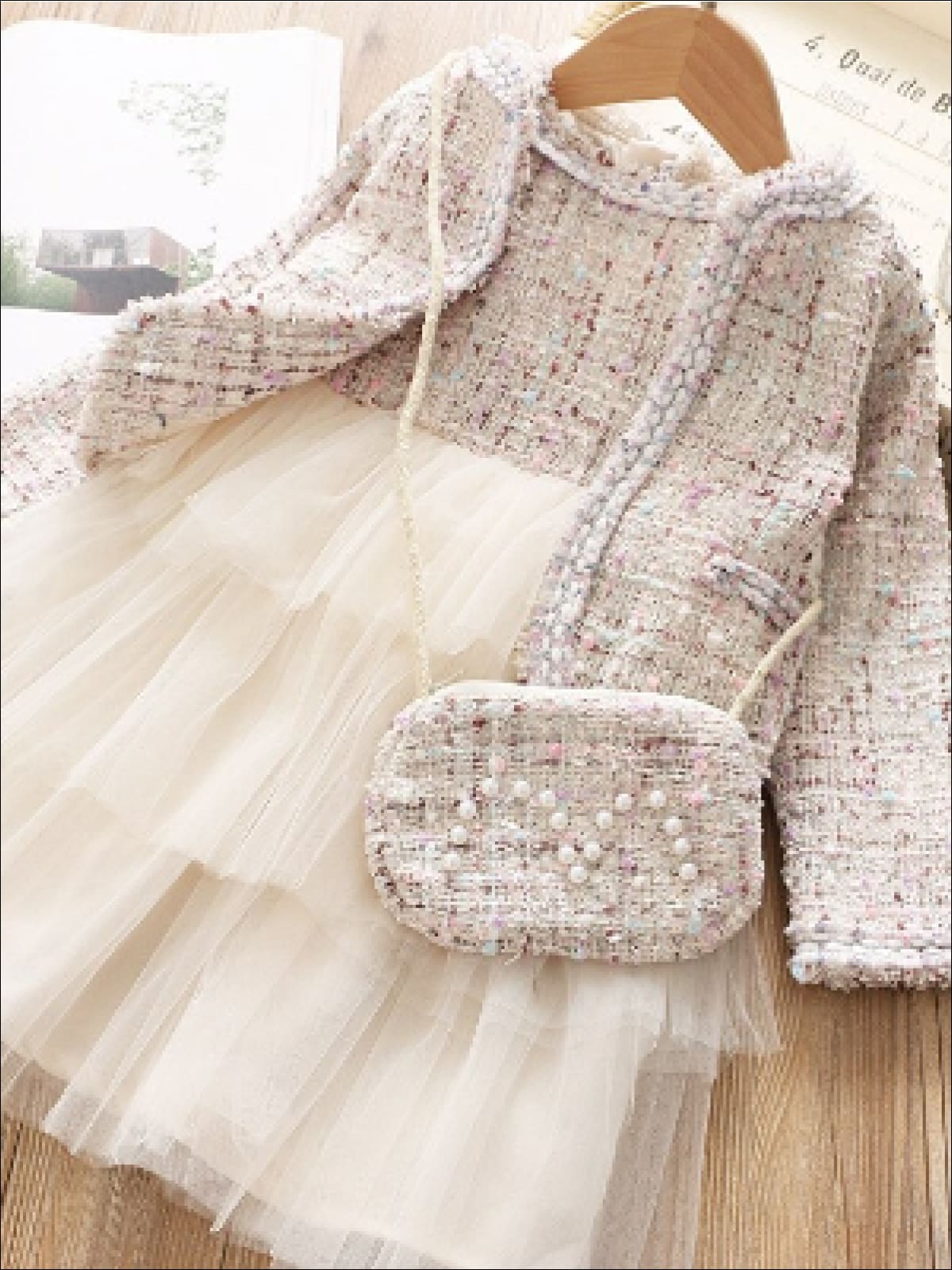 Girls 3-Piece Tweed Jacket Matching Purse and Tutu Dress - Girls Spring Dressy Dress
