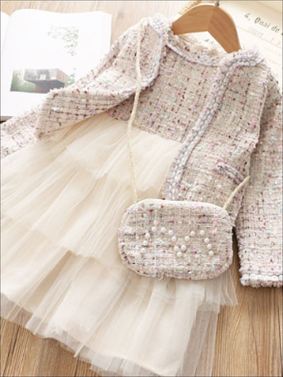 Girls 3-Piece Tweed Jacket Matching Purse and Tutu Dress - Creme / 4T - Girls Spring Dressy Dress