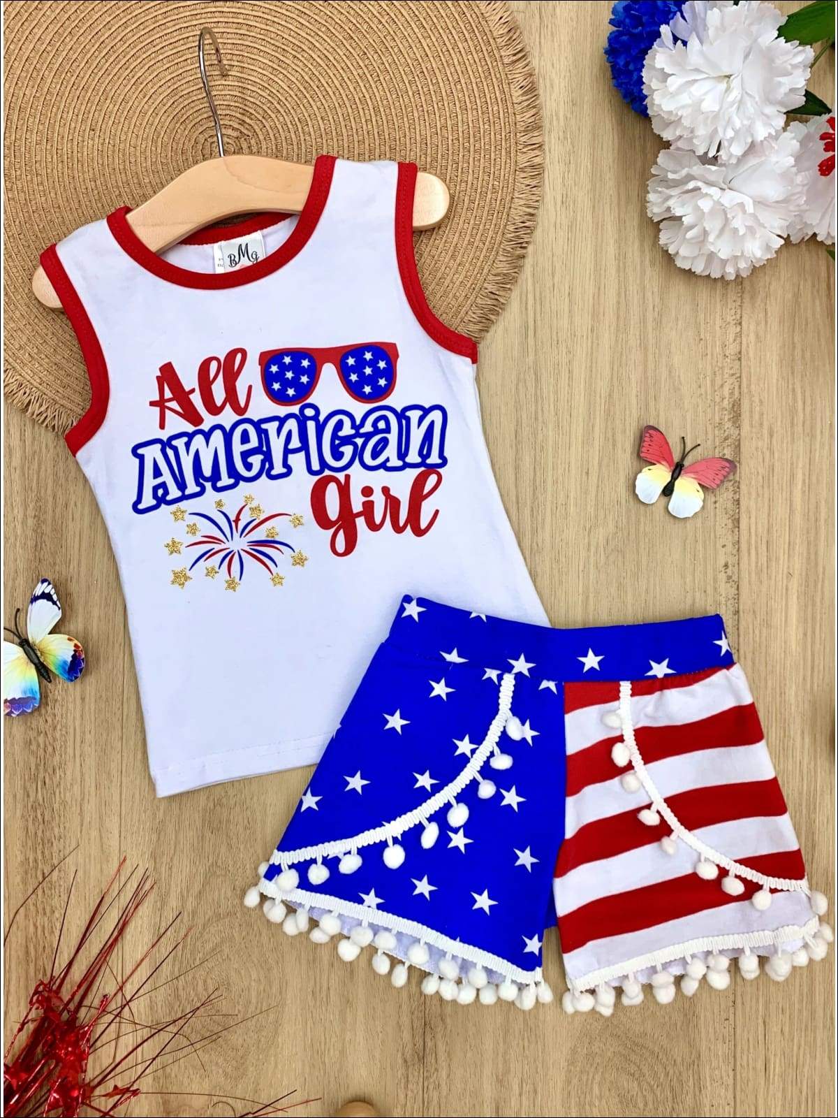 Girls 4th of July Themed All American Girl Tank & American Flag Print Pom Pom Shorts Set - Blue / XS-2T - Girls 4th of July Set