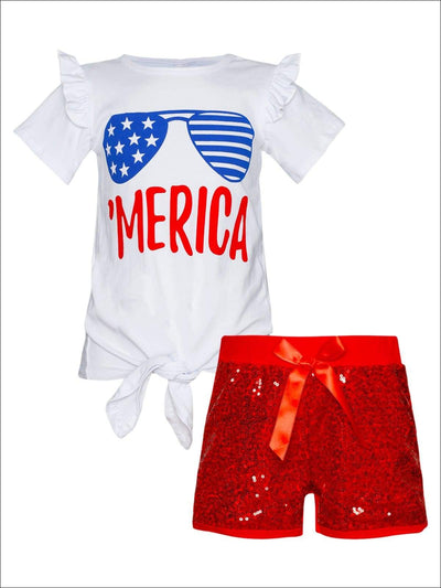Girls 4th of July Themed Merica Ruffled Knot Top & Sequin Bow Shorts Set - White / XS-2T - Girls 4th of July Set