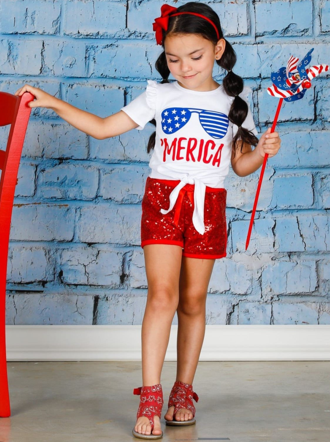 Girls 4th of July Themed Merica Ruffled Knot Top & Sequin Bow Shorts Set - Girls 4th of July Set