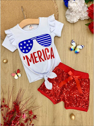 Girls 4th of July Themed Merica Ruffled Knot Top & Sequin Bow Shorts Set - White / XS-2T - Girls 4th of July Set