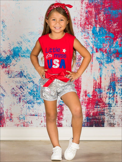 Girls 4th of July Themed Printed Top & Sequin Bow Shorts Set - Girls 4th of July Set