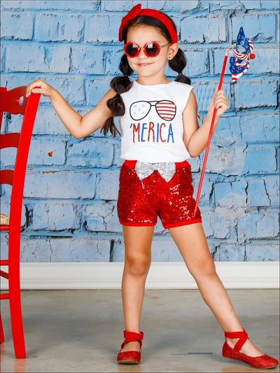 Girls 4th of July Themed Printed Top & Sequin Bow Shorts Set - Girls 4th of July Set