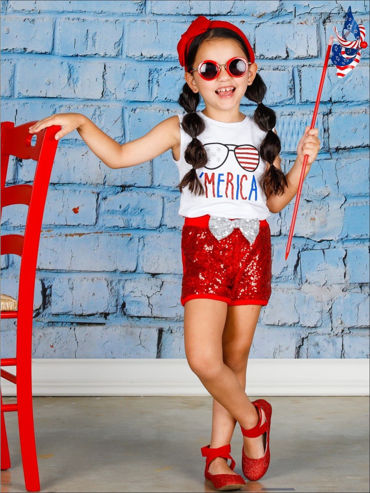 Girls 4th of July Themed Printed Top & Sequin Bow Shorts Set - Girls 4th of July Set