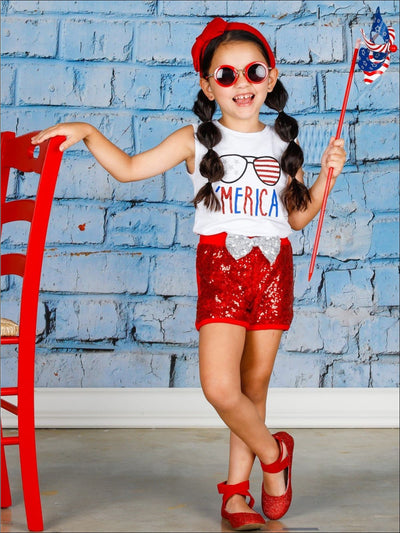 Girls 4th of July Themed Printed Top & Sequin Bow Shorts Set - Girls 4th of July Set