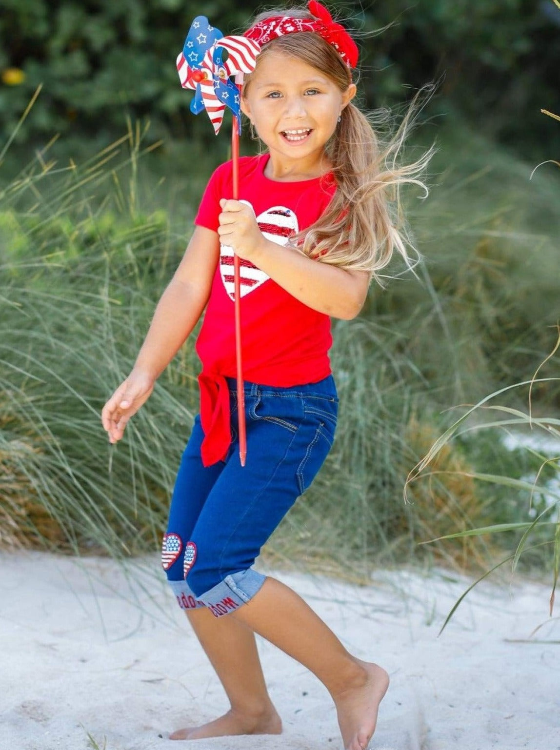 Girls Heart of the Free Knot Top and Cuffed Jeans Set - Girls 4th of July Set