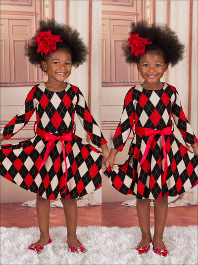 Girls Argyle Sparkle Dress w/ Flower Belt - 3T / Red/Black/White - Girls Fall Dressy Dress