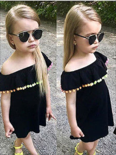 Girls Black Off The Shoulder Rainbow Pom Pom Ruffle Trim Dress - Girls Spring Casual Dress