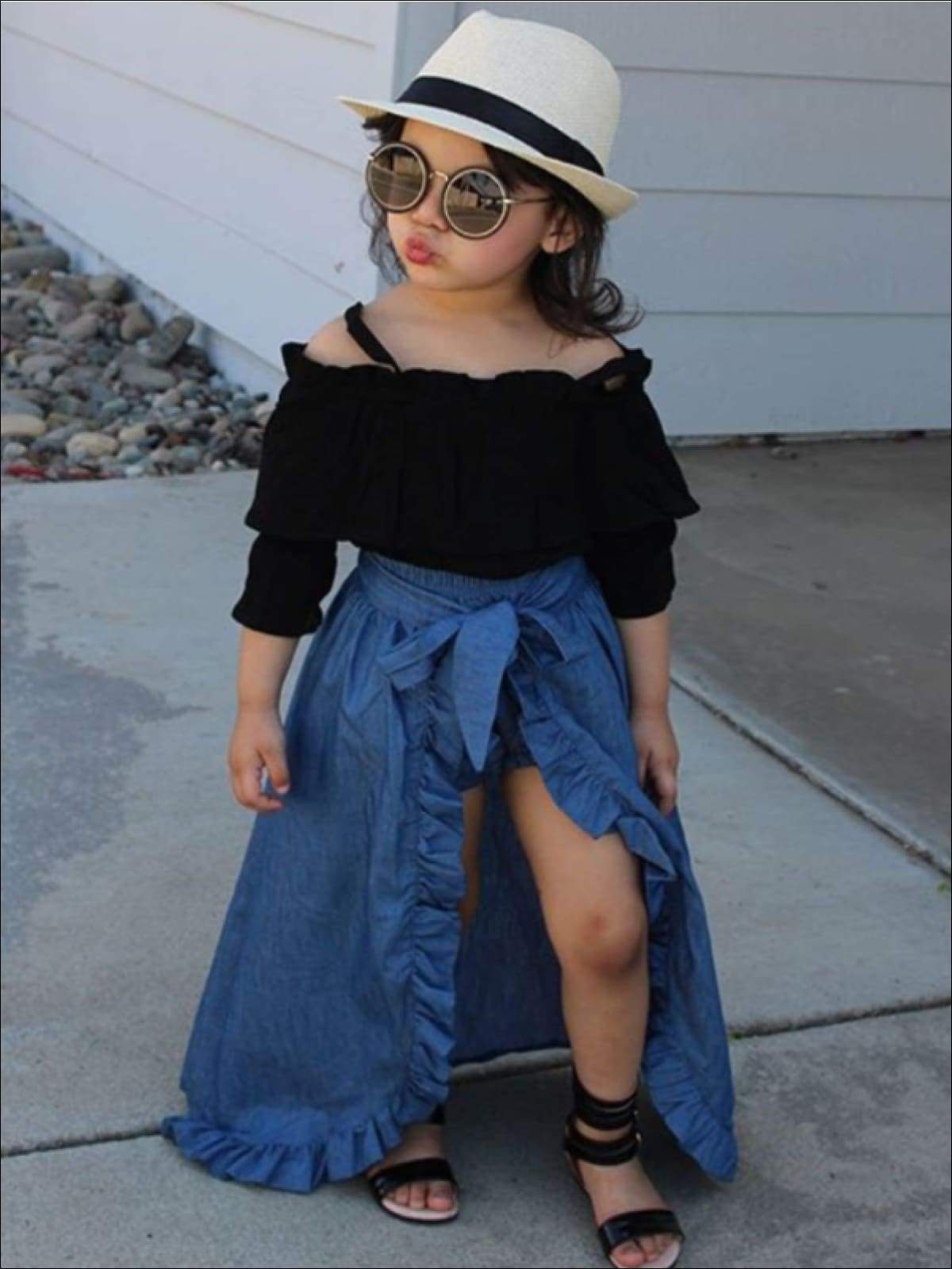 Girls Black Cold Shoulder Top, Denim Shorts, & Ruffled Skirt Overlay 3 Piece Set