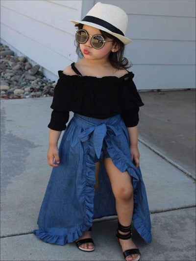 Girls Black Cold Shoulder Top, Denim Shorts, & Ruffled Skirt Overlay 3 Piece Set
