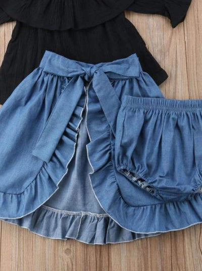 Girls Black Cold Shoulder Top, Denim Shorts, & Ruffled Skirt Overlay 3 Piece Set
