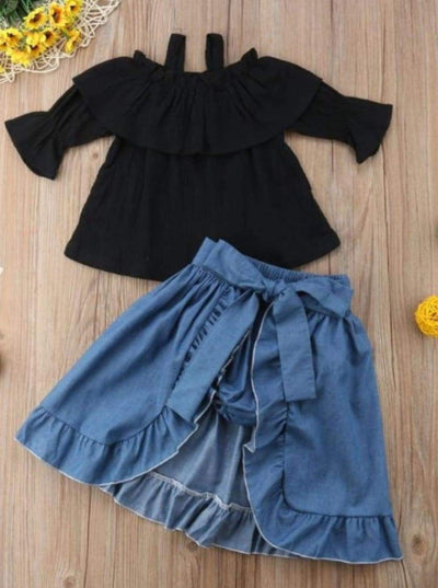 Girls Black Cold Shoulder Top, Denim Shorts, & Ruffled Skirt Overlay 3 Piece Set