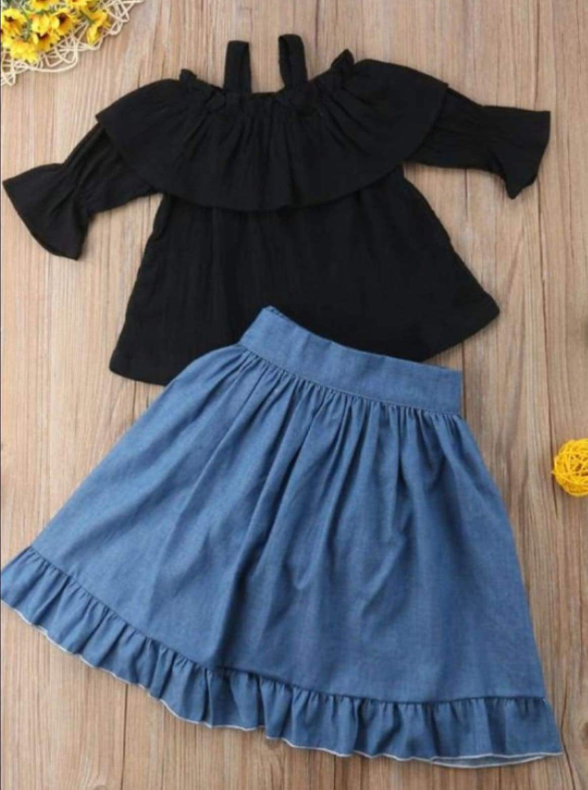 Girls Black Off The Shoulder Top With Denim Shorts and Ruffled Skirt Overlay 3 Piece Set - Girls Casual Spring Set