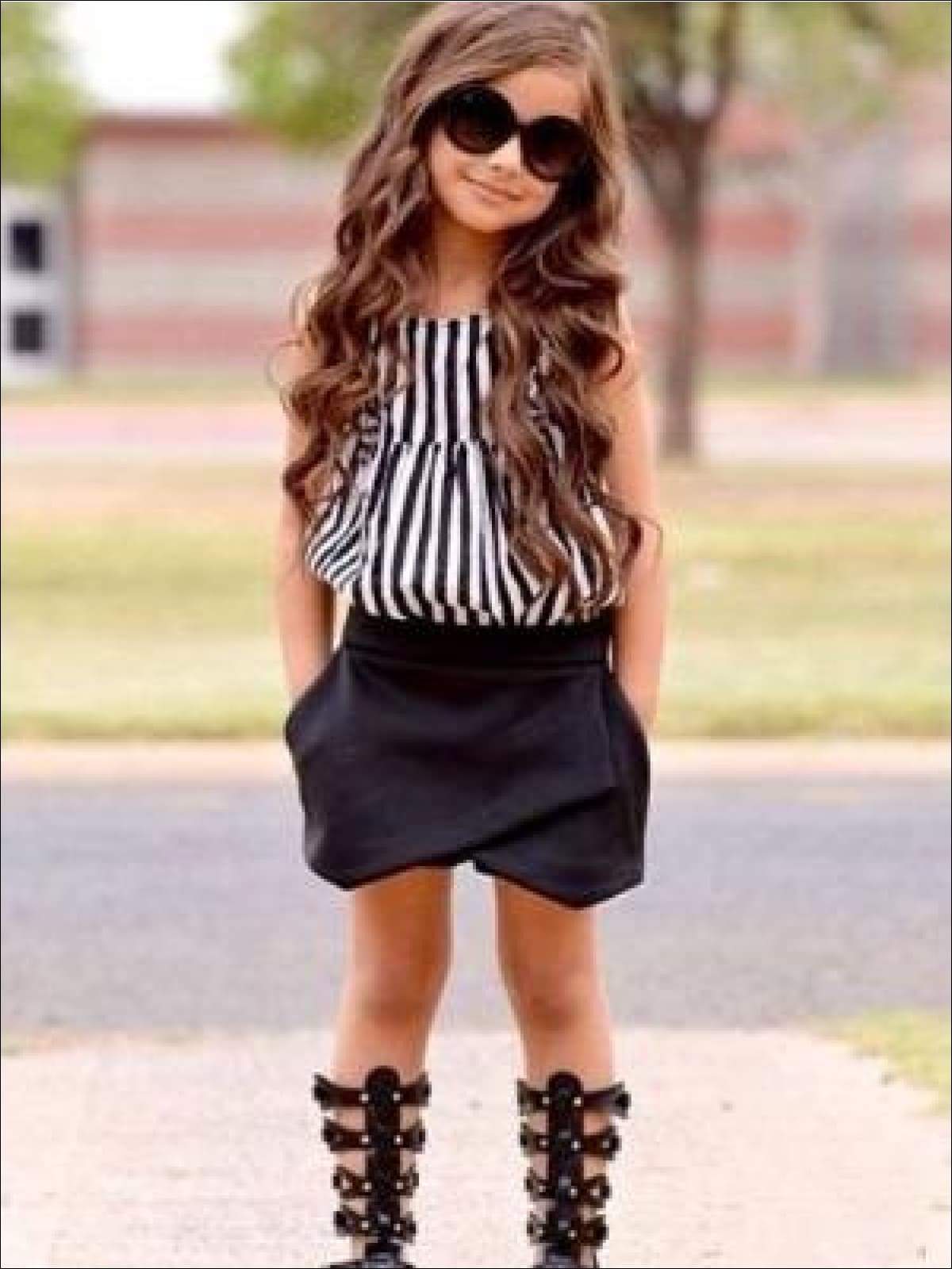 Toddler Spring Outfits | Girls Striped Ruffle Top & Black Skort Set