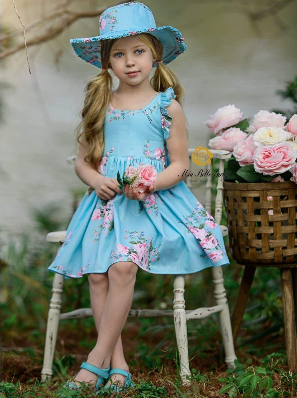 Little Girls Easter Clothes | Blue Cross Back Ruffle Dress & Hat Set