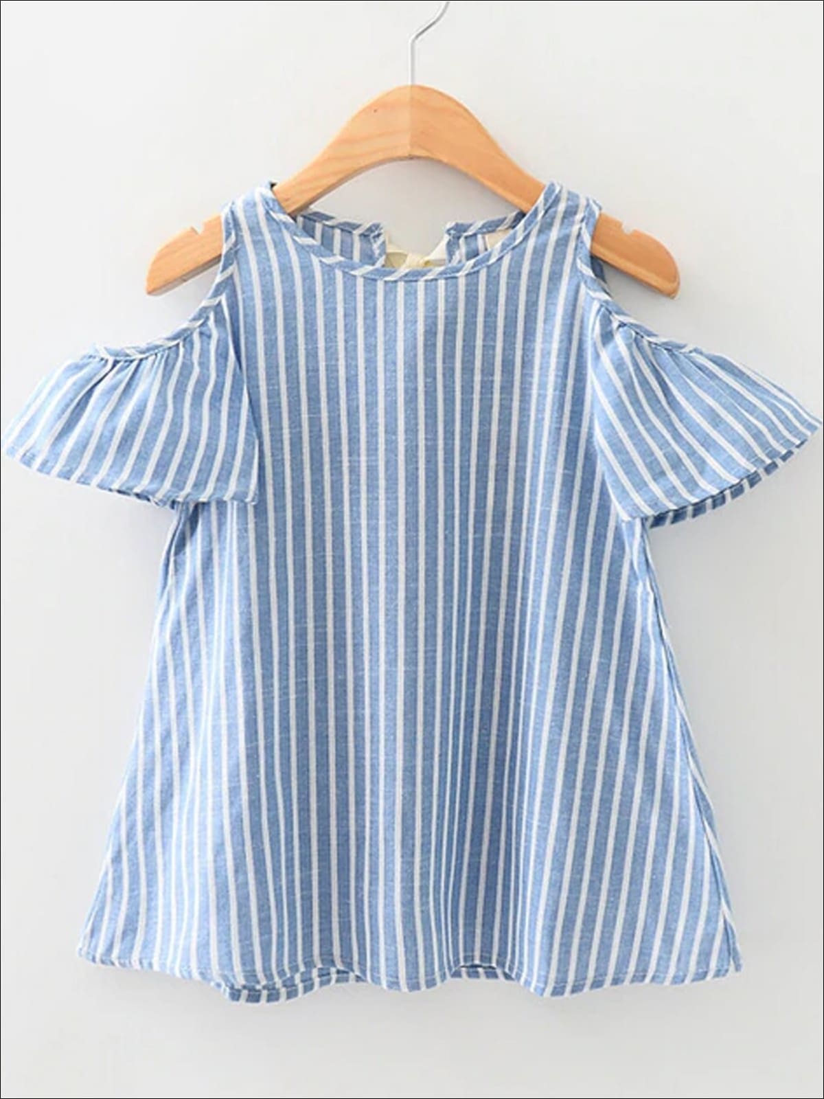 Girls Blue Striped Cold Shoulder A-Line Dress With White Ribbon - Girls Spring Casual Dress