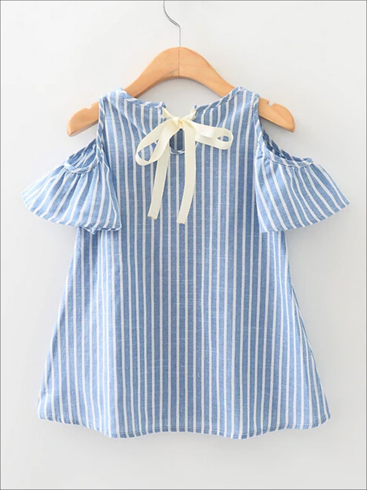 Girls Blue Striped Cold Shoulder A-Line Dress With White Ribbon - Blue / 3T - Girls Spring Casual Dress