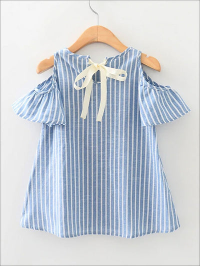 Girls Blue Striped Cold Shoulder A-Line Dress With White Ribbon - Blue / 3T - Girls Spring Casual Dress