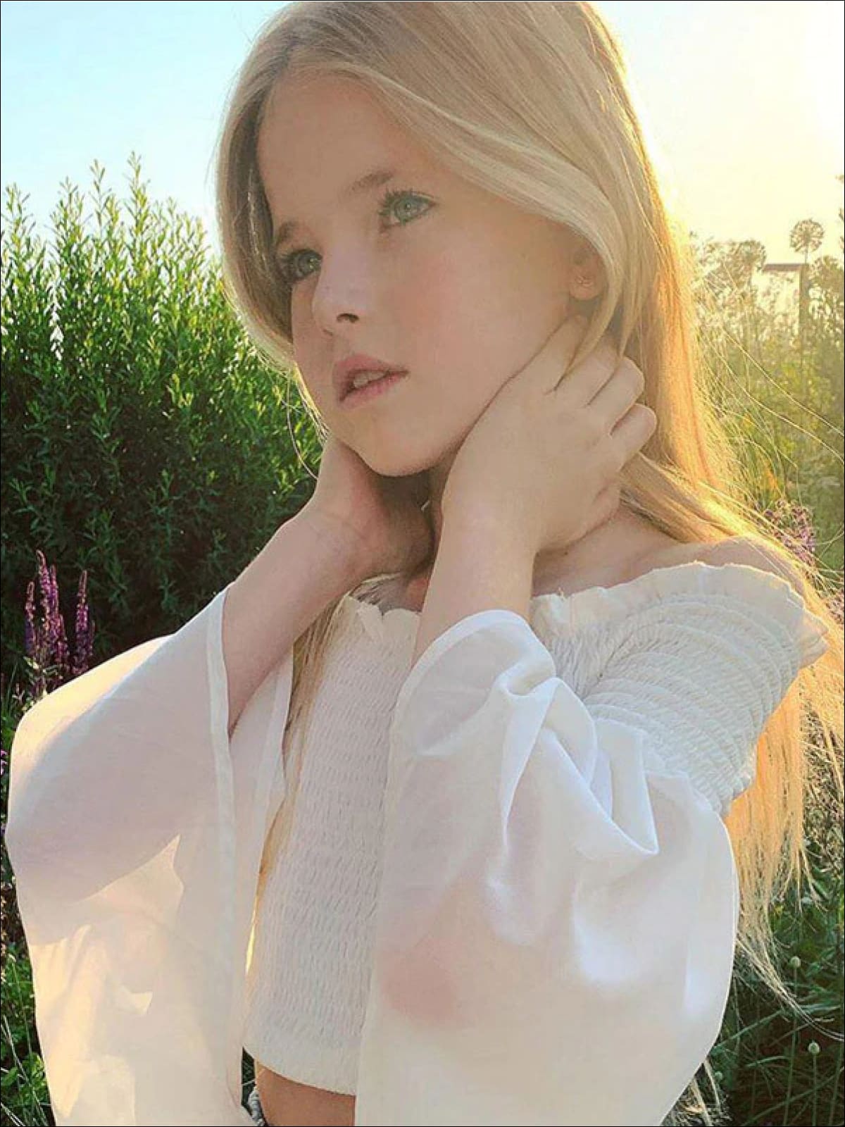 Little Girls Resort Wear | Ruched Belle Sleeve Top & Denim Skirt Set