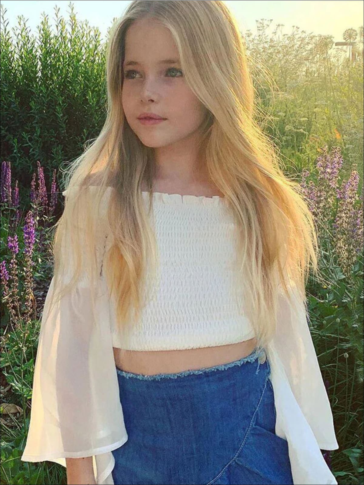 Little Girls Resort Wear | Ruched Belle Sleeve Top & Denim Skirt Set