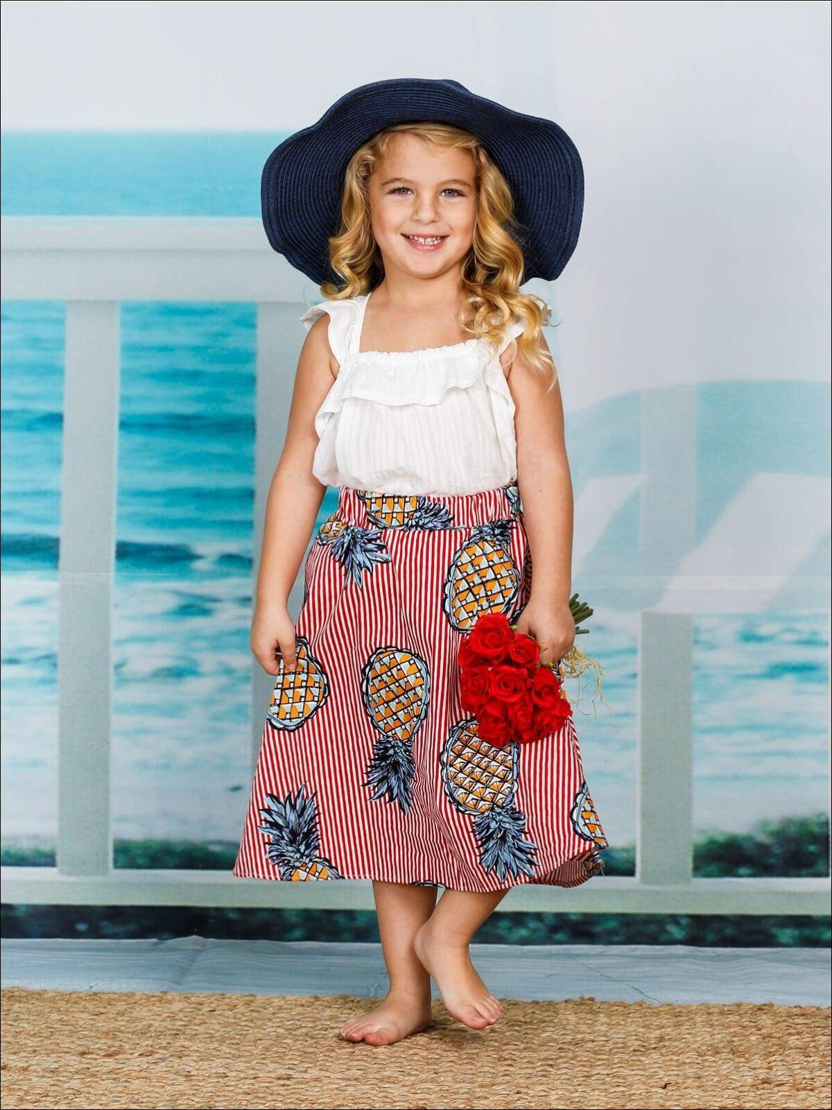Girls Spring Outfits | Boho Ruffled Blouse & Pineapple Striped Skirt
